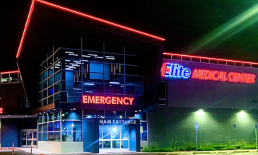 Exterior of Elite Medical Center at night