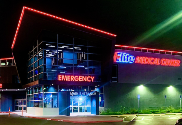 Exterior of Elite Medical Center at night